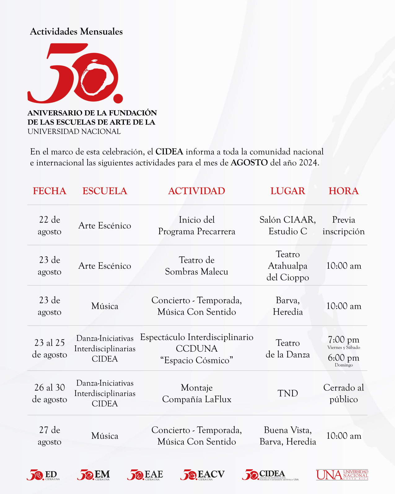 Actividades académico-artísticas del mes de agosto: 50 Aniversario CIDEA